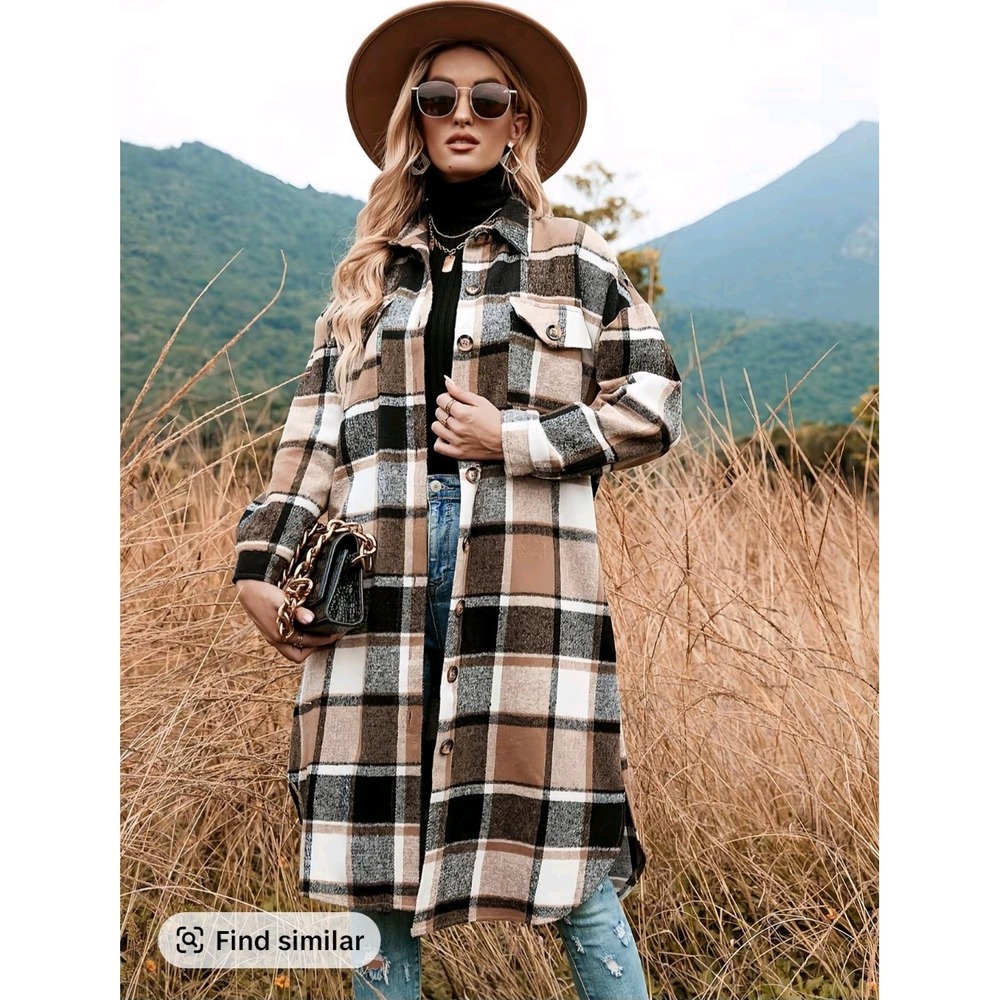 Women's 2XL Plaid Print Button Front Split Side Warm Coat Loose Long Sleeve